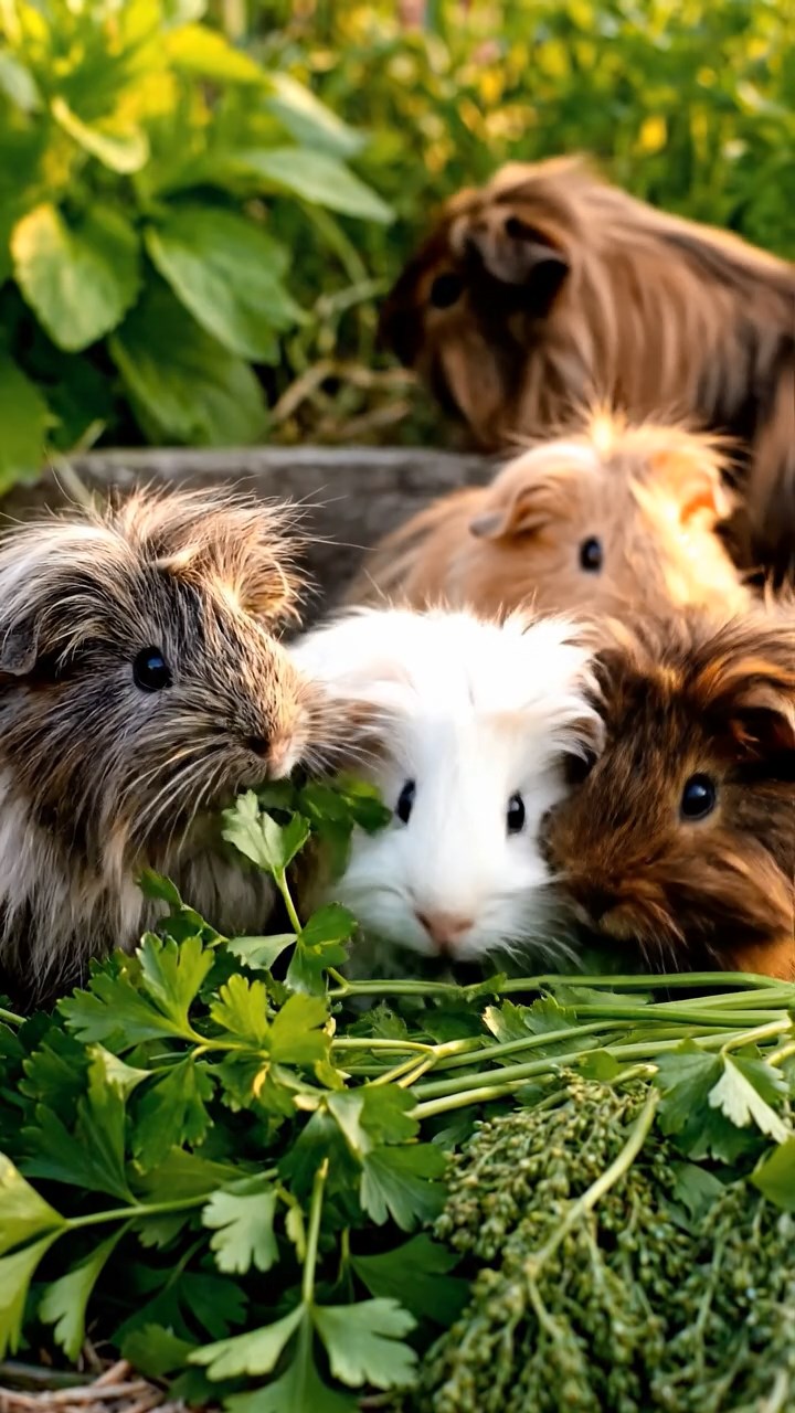1403. Photorealistic scene of 4 smooth-haired Peruvian guinea pigs with cream, fawn, and chocolate fur, eating dried timothy hay, inside a derelict spaceship cockpit with flickering screens and starry void outside.