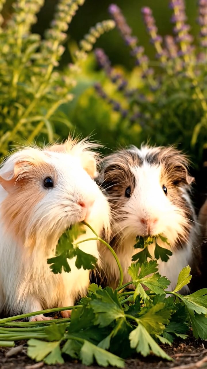 1403. Photorealistic scene of 4 smooth-haired Peruvian guinea pigs with cream, fawn, and chocolate fur, eating dried timothy hay, inside a derelict spaceship cockpit with flickering screens and starry void outside.