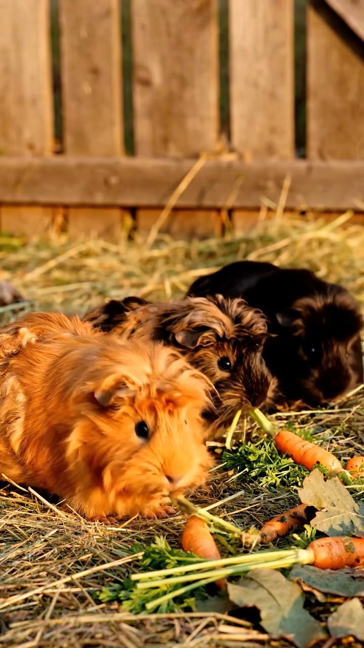 1404. Realistic depiction of 1 smooth-haired Silkie guinea pig with cinnamon fur, chewing on spinach leaves, in a neon-lit cyberpunk alley with holographic ads and rain-slicked pavement.