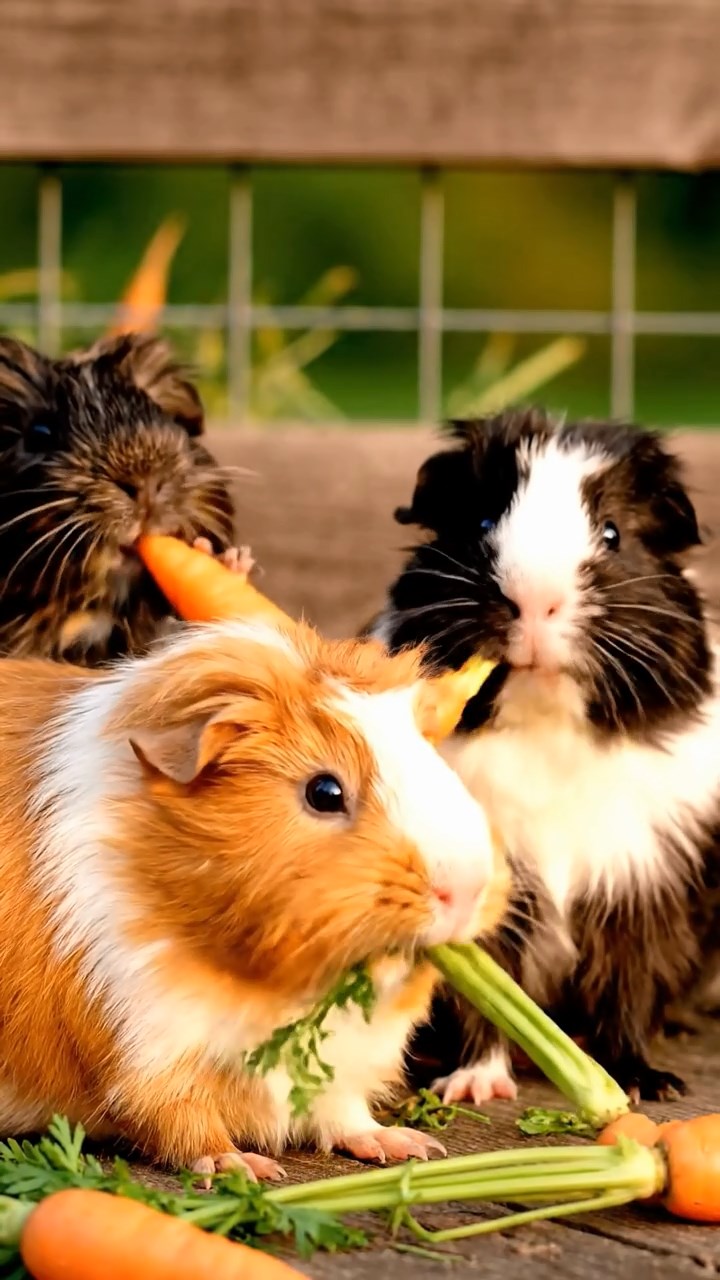 1404. Realistic depiction of 1 smooth-haired Silkie guinea pig with cinnamon fur, chewing on spinach leaves, in a neon-lit cyberpunk alley with holographic ads and rain-slicked pavement.