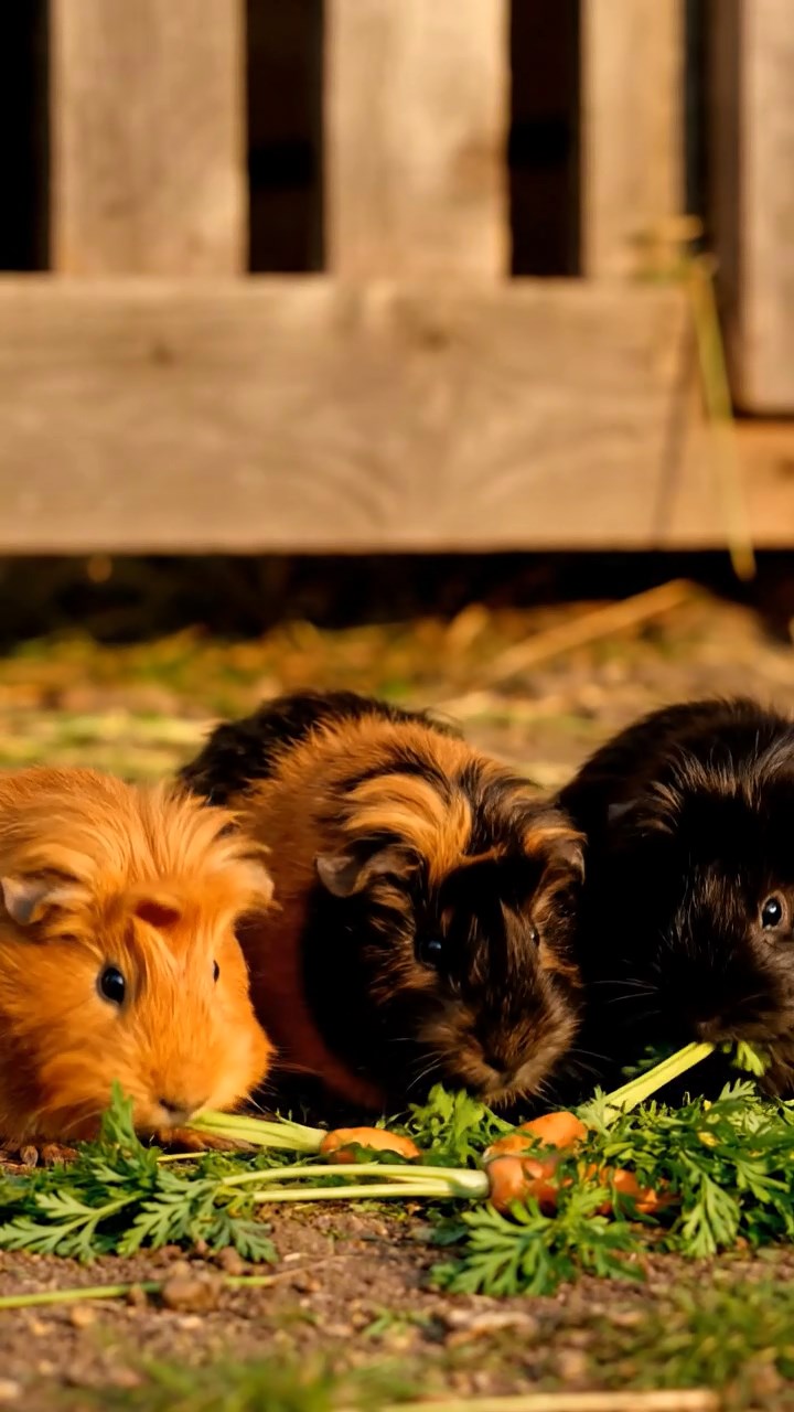 1404. Realistic depiction of 1 smooth-haired Silkie guinea pig with cinnamon fur, chewing on spinach leaves, in a neon-lit cyberpunk alley with holographic ads and rain-slicked pavement.