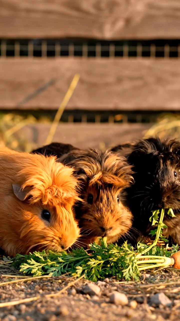 583. Highly detailed view of 3 smooth-haired Himalayan guinea pigs with Gray, Cream, and Brown fur, mating in a secluded grassy clearing surrounded by tall ferns and soft moss, under gentle morning light, creating a realistic, intimate natural scene.