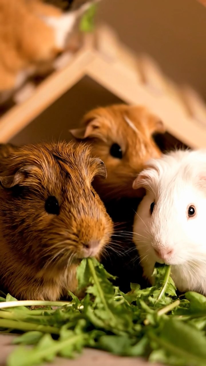 584. Realistic scene of 4 smooth-haired Californian guinea pigs with Fawn, Chocolate, Cinnamon, and Sable fur, dressed as firefighters in tiny uniforms, training with miniature hoses in a guinea pig village with hay houses, under glowing streetlights, capturing a heroic, lifelike moment.