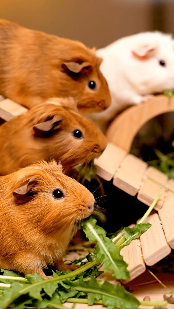 584. Realistic scene of 4 smooth-haired Californian guinea pigs with Fawn, Chocolate, Cinnamon, and Sable fur, dressed as firefighters in tiny uniforms, training with miniature hoses in a guinea pig village with hay houses, under glowing streetlights, capturing a heroic, lifelike moment.