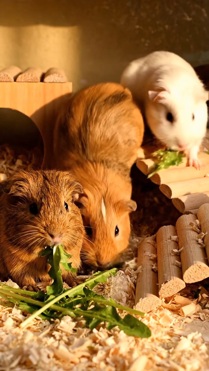 584. Realistic scene of 4 smooth-haired Californian guinea pigs with Fawn, Chocolate, Cinnamon, and Sable fur, dressed as firefighters in tiny uniforms, training with miniature hoses in a guinea pig village with hay houses, under glowing streetlights, capturing a heroic, lifelike moment.