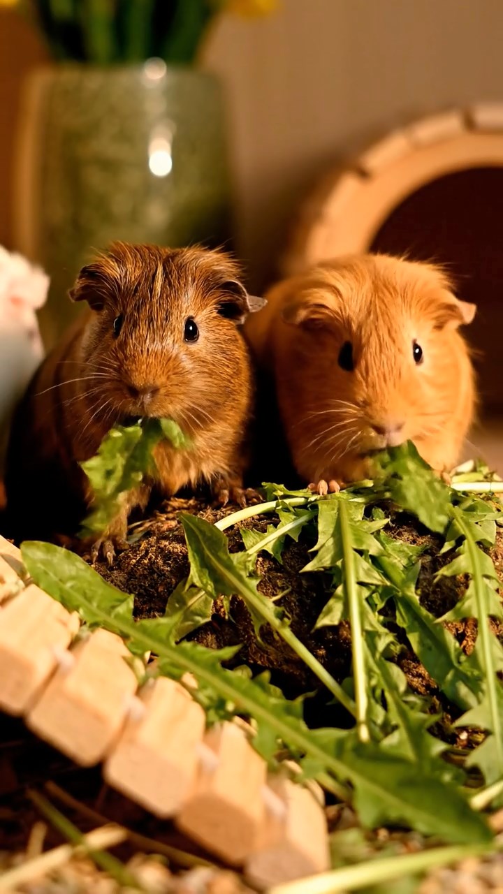 584. Realistic scene of 4 smooth-haired Californian guinea pigs with Fawn, Chocolate, Cinnamon, and Sable fur, dressed as firefighters in tiny uniforms, training with miniature hoses in a guinea pig village with hay houses, under glowing streetlights, capturing a heroic, lifelike moment.