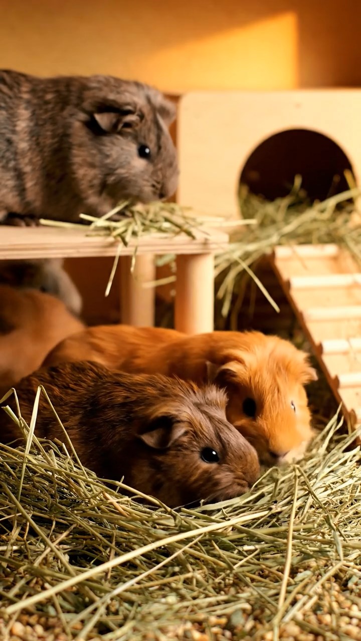 585. Detailed photo of 5 smooth-haired American guinea pigs with White, Orange, Gray, Black, and Brown fur, foraging for clover in a lush meadow with wildflowers and a trickling stream, under soft morning light, creating a realistic, serene pastoral scene.