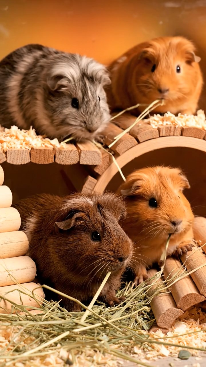 585. Detailed photo of 5 smooth-haired American guinea pigs with White, Orange, Gray, Black, and Brown fur, foraging for clover in a lush meadow with wildflowers and a trickling stream, under soft morning light, creating a realistic, serene pastoral scene.