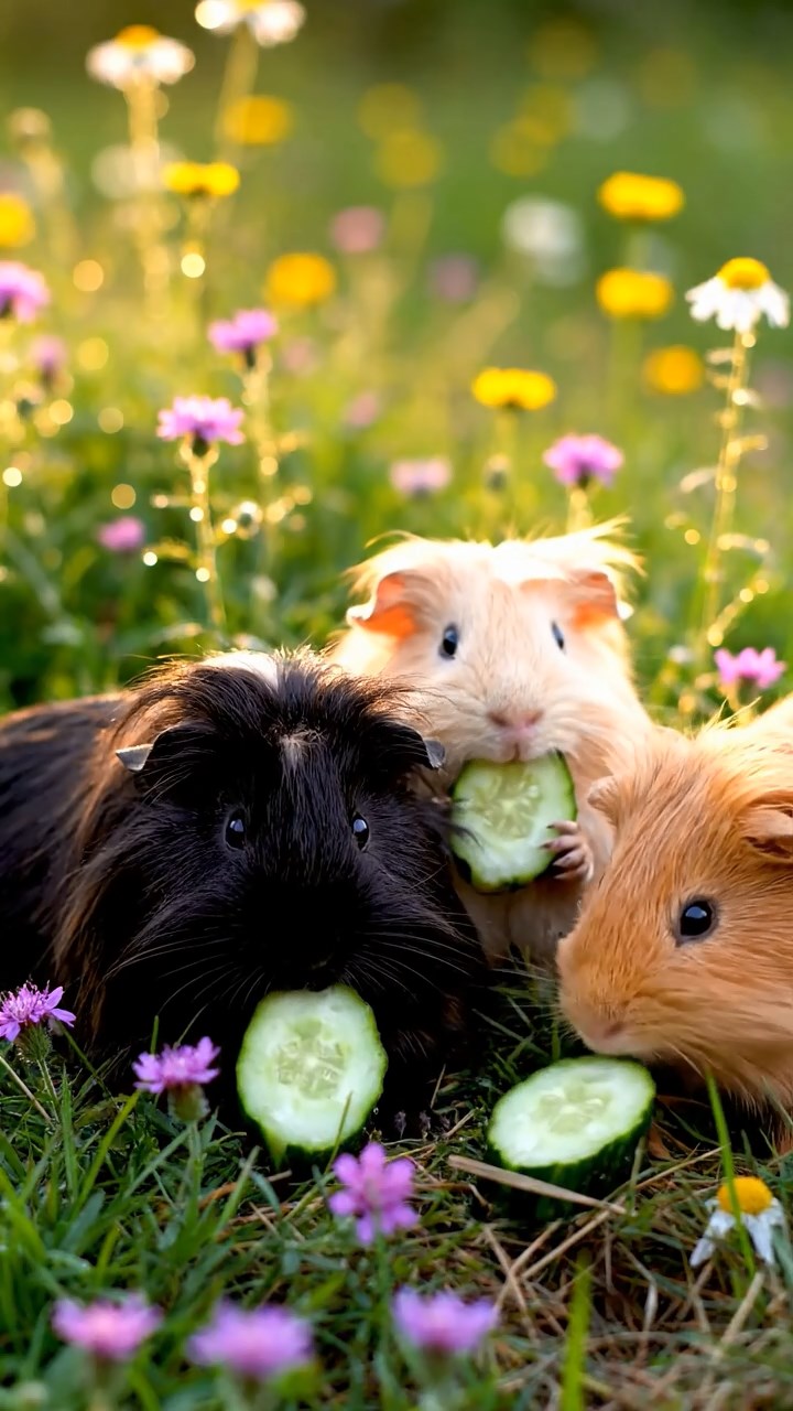 586. Photorealistic scene of 1 smooth-haired Teddy guinea pig with Cream fur, drinking from a clear stream, on a forested slope with pine needles and moss, under dappled sunlight, capturing a serene, lifelike moment of natural hydration.