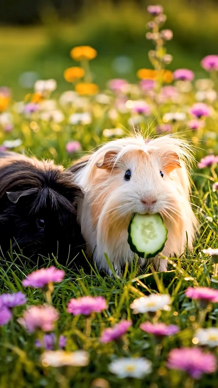 586. Photorealistic scene of 1 smooth-haired Teddy guinea pig with Cream fur, drinking from a clear stream, on a forested slope with pine needles and moss, under dappled sunlight, capturing a serene, lifelike moment of natural hydration.