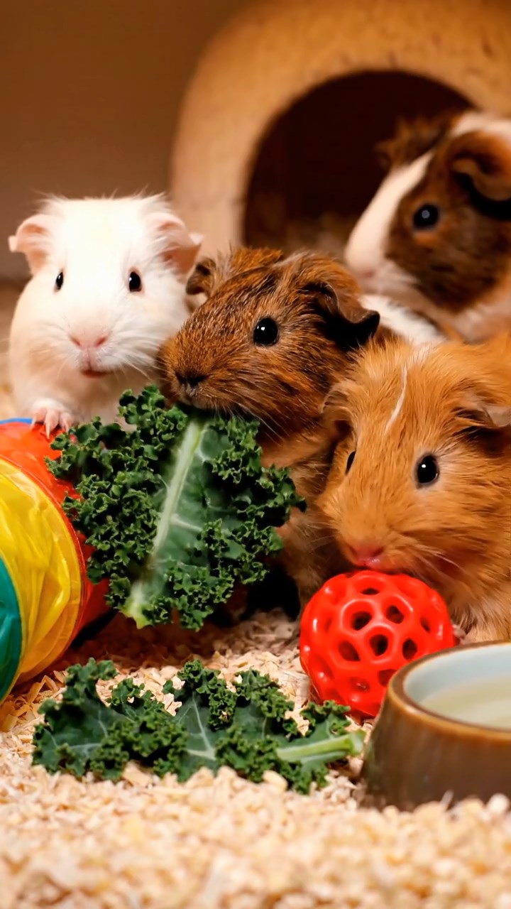 587. Highly detailed view of 2 smooth-haired Himalayan guinea pigs with Fawn and Sable fur, dressed as musicians in tiny vests, playing miniature drums in a guinea pig concert hall with hay seats and velvet curtains, under warm spotlights, creating a realistic, elegant scene.