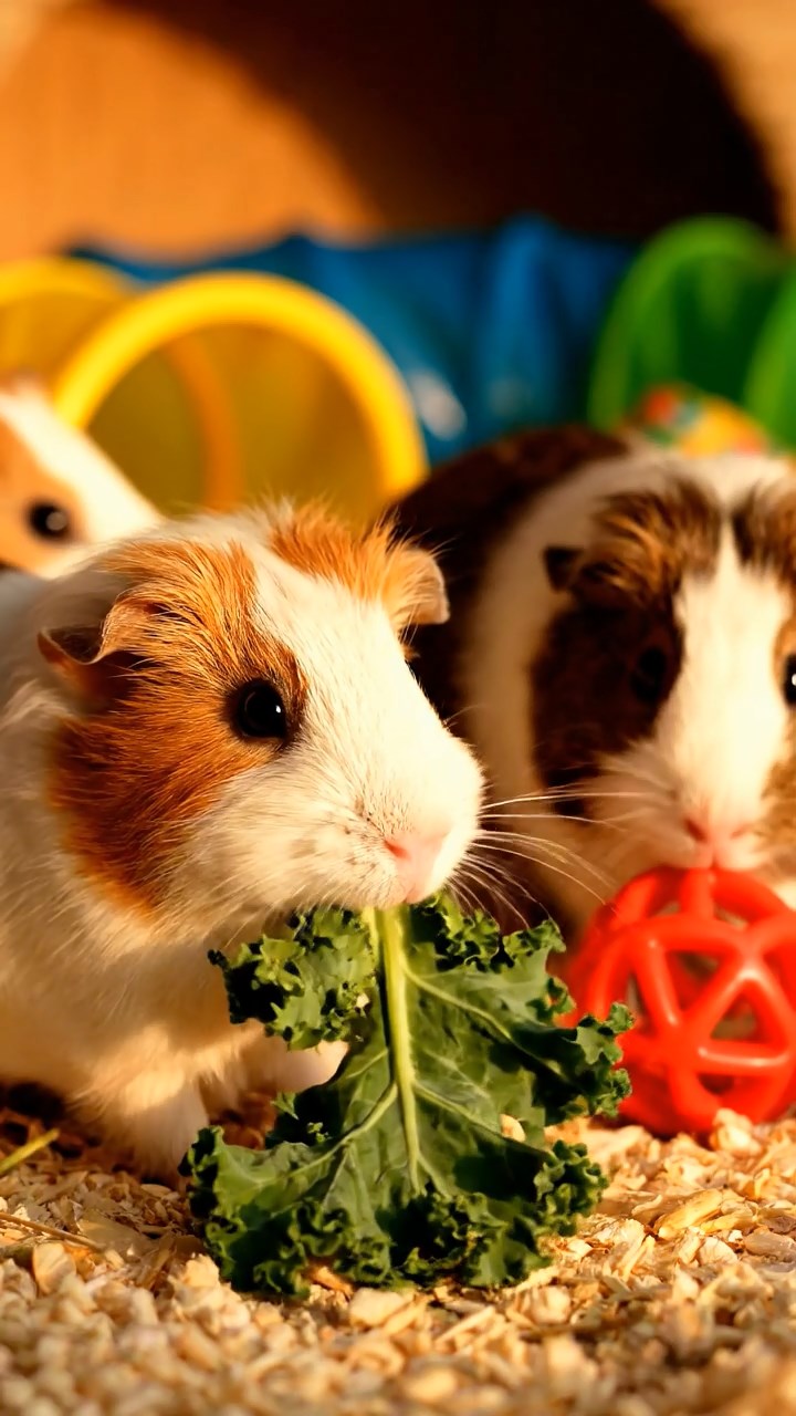 587. Highly detailed view of 2 smooth-haired Himalayan guinea pigs with Fawn and Sable fur, dressed as musicians in tiny vests, playing miniature drums in a guinea pig concert hall with hay seats and velvet curtains, under warm spotlights, creating a realistic, elegant scene.