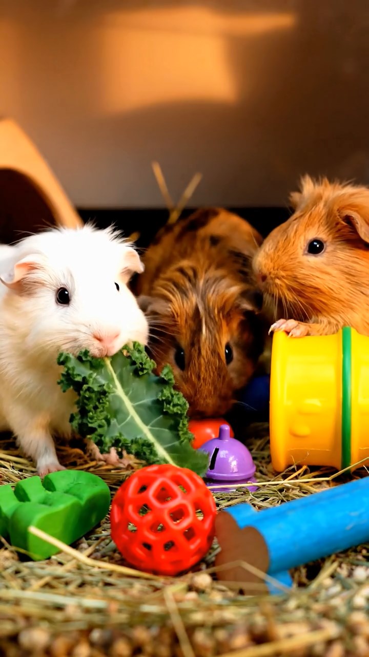 587. Highly detailed view of 2 smooth-haired Himalayan guinea pigs with Fawn and Sable fur, dressed as musicians in tiny vests, playing miniature drums in a guinea pig concert hall with hay seats and velvet curtains, under warm spotlights, creating a realistic, elegant scene.