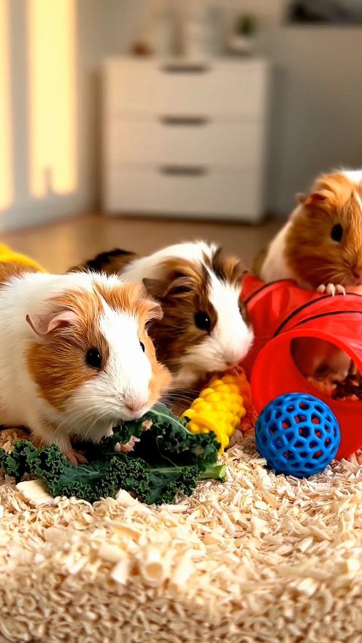 587. Highly detailed view of 2 smooth-haired Himalayan guinea pigs with Fawn and Sable fur, dressed as musicians in tiny vests, playing miniature drums in a guinea pig concert hall with hay seats and velvet curtains, under warm spotlights, creating a realistic, elegant scene.