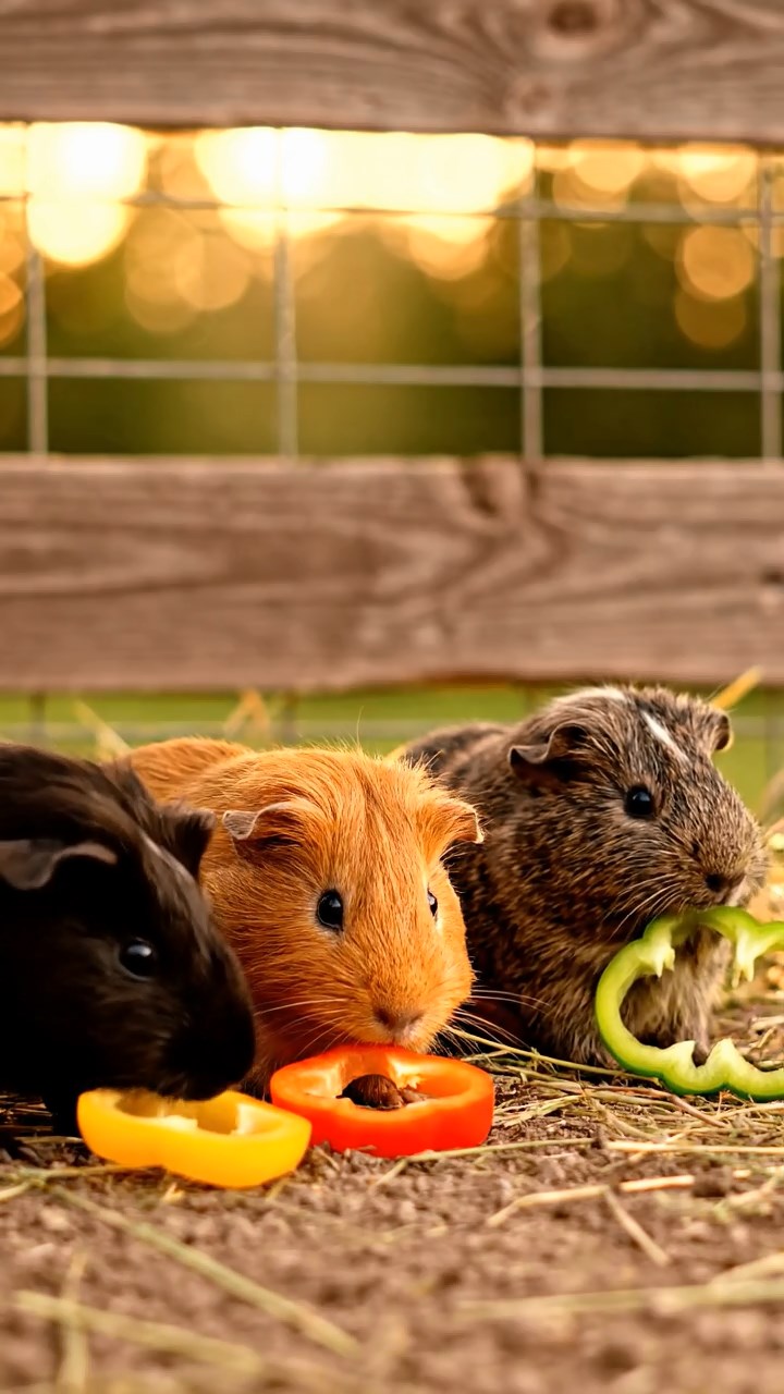 588. Realistic scene of 3 smooth-haired Californian guinea pigs with Chocolate, Cinnamon, and Gray fur, grooming each other in a lush meadow with scattered wildflowers and a babbling brook, under golden sunlight, enhancing the authentic, social atmosphere.