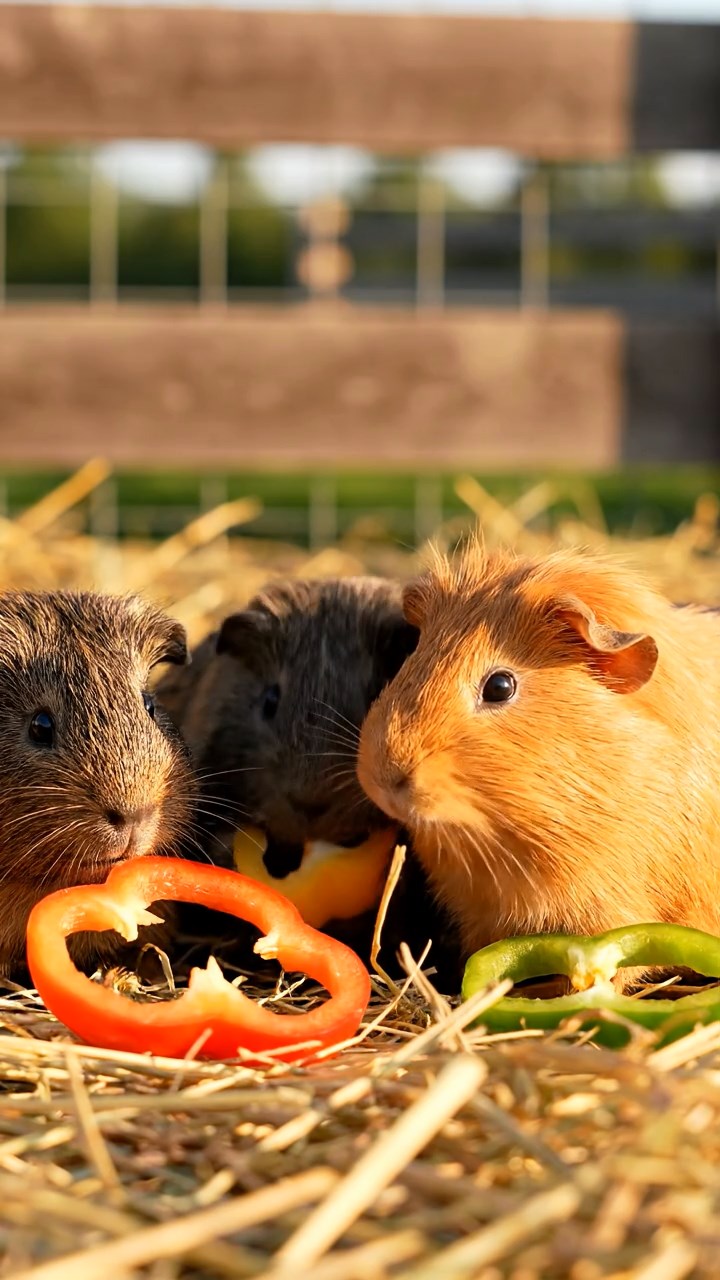 588. Realistic scene of 3 smooth-haired Californian guinea pigs with Chocolate, Cinnamon, and Gray fur, grooming each other in a lush meadow with scattered wildflowers and a babbling brook, under golden sunlight, enhancing the authentic, social atmosphere.