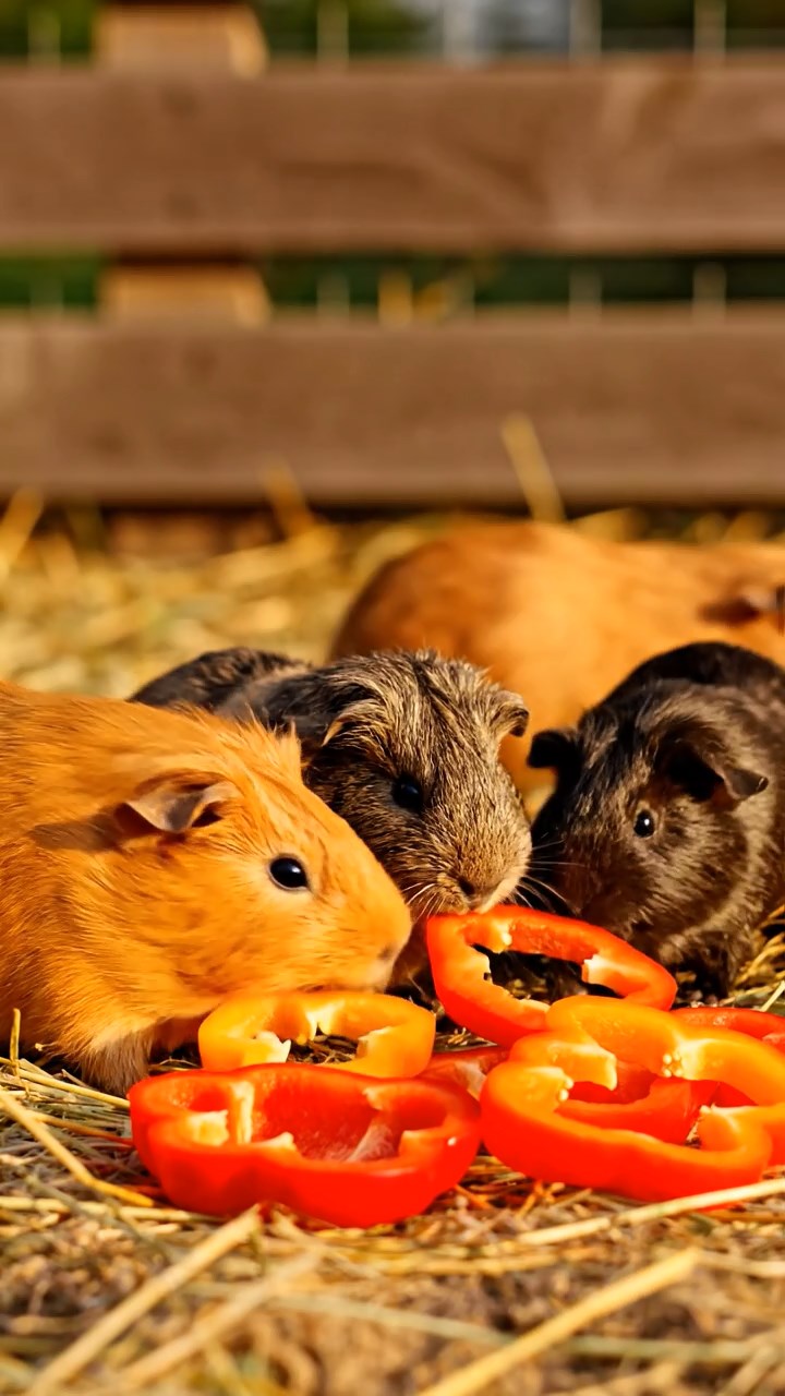 588. Realistic scene of 3 smooth-haired Californian guinea pigs with Chocolate, Cinnamon, and Gray fur, grooming each other in a lush meadow with scattered wildflowers and a babbling brook, under golden sunlight, enhancing the authentic, social atmosphere.