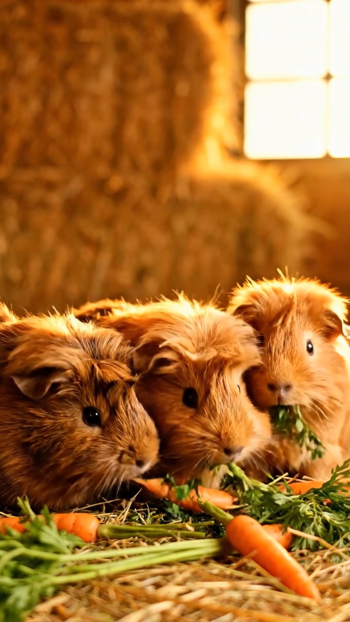 591. Highly detailed view of 1 smooth-haired Himalayan guinea pig with White fur, munching on bell peppers, in a vibrant vegetable garden with rows of tomatoes and lettuce, under bright sunlight, creating a realistic, colorful rural scene.