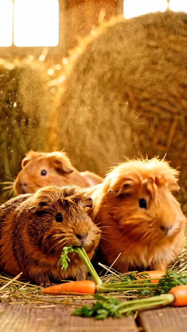 591. Highly detailed view of 1 smooth-haired Himalayan guinea pig with White fur, munching on bell peppers, in a vibrant vegetable garden with rows of tomatoes and lettuce, under bright sunlight, creating a realistic, colorful rural scene.