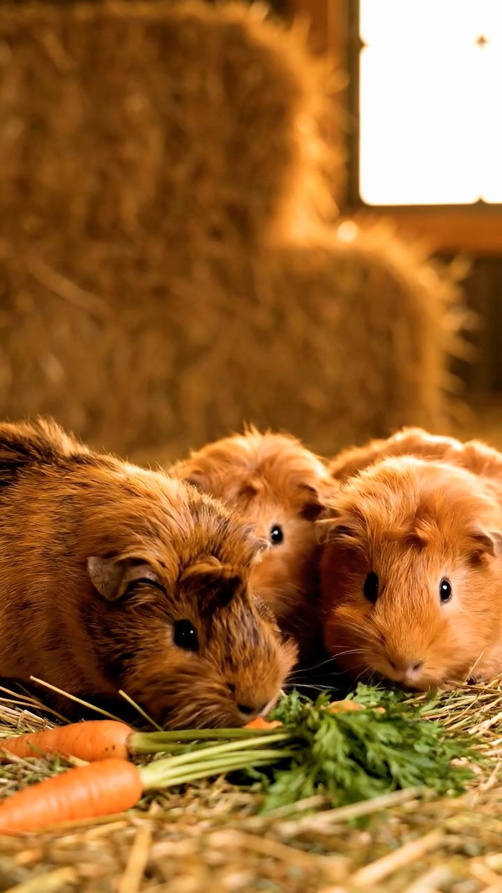 591. Highly detailed view of 1 smooth-haired Himalayan guinea pig with White fur, munching on bell peppers, in a vibrant vegetable garden with rows of tomatoes and lettuce, under bright sunlight, creating a realistic, colorful rural scene.