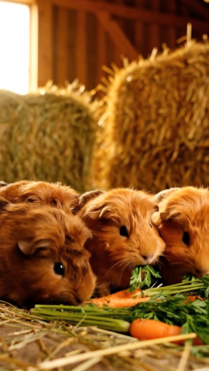 591. Highly detailed view of 1 smooth-haired Himalayan guinea pig with White fur, munching on bell peppers, in a vibrant vegetable garden with rows of tomatoes and lettuce, under bright sunlight, creating a realistic, colorful rural scene.