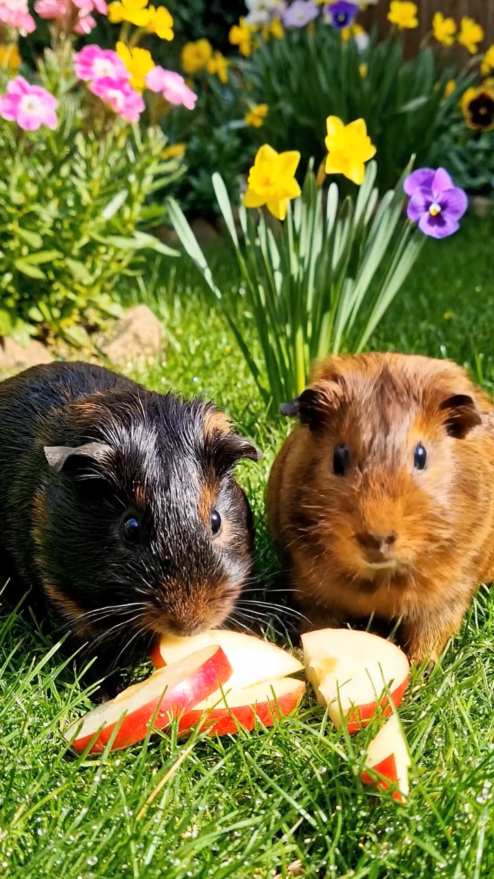 602. Photorealistic scene of 2 smooth-haired Teddy guinea pigs with Orange and Black fur, dressed as chefs in tiny aprons, preparing miniature soups in a cozy guinea pig kitchen with hay counters and wooden shelves, under warm lamplight, capturing a vivid, lifelike culinary moment.