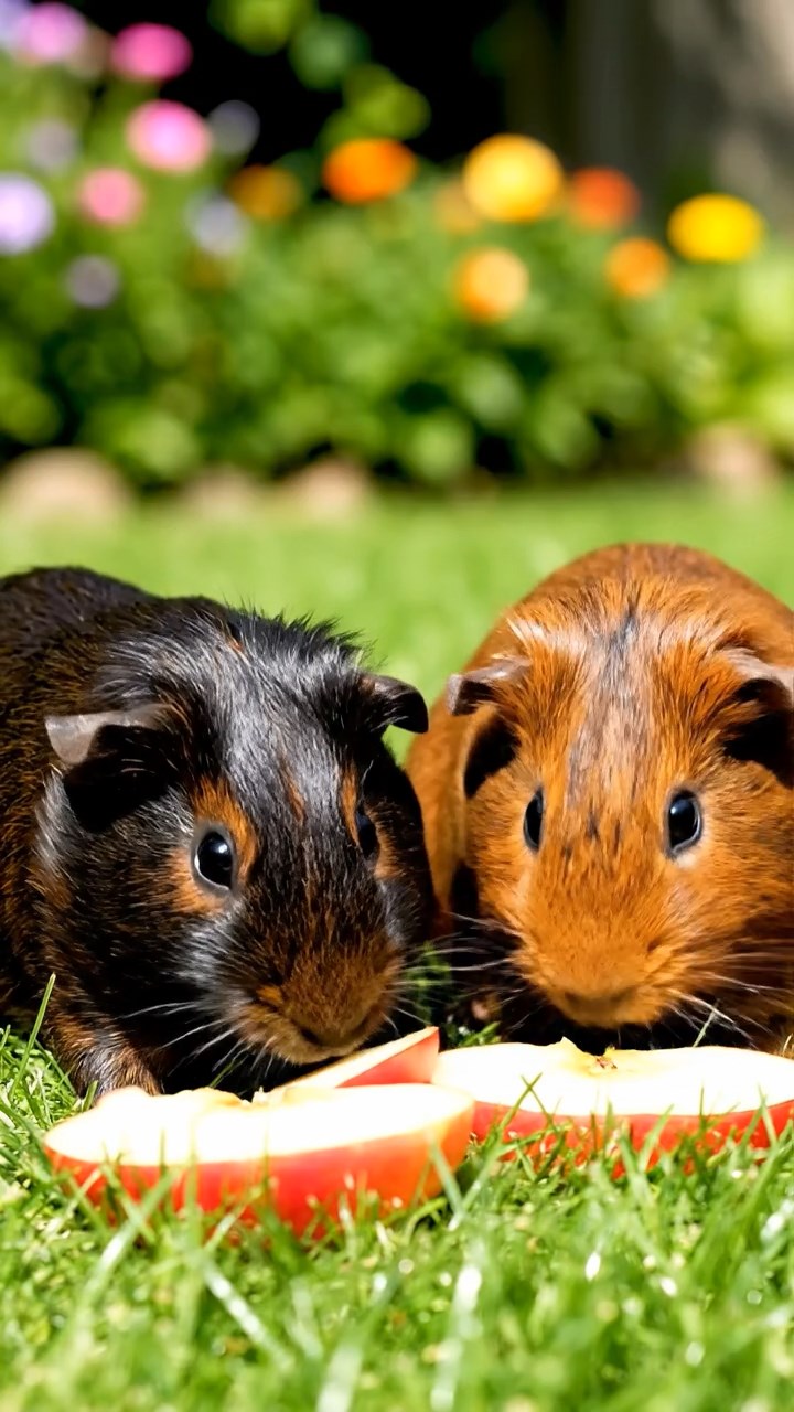 602. Photorealistic scene of 2 smooth-haired Teddy guinea pigs with Orange and Black fur, dressed as chefs in tiny aprons, preparing miniature soups in a cozy guinea pig kitchen with hay counters and wooden shelves, under warm lamplight, capturing a vivid, lifelike culinary moment.