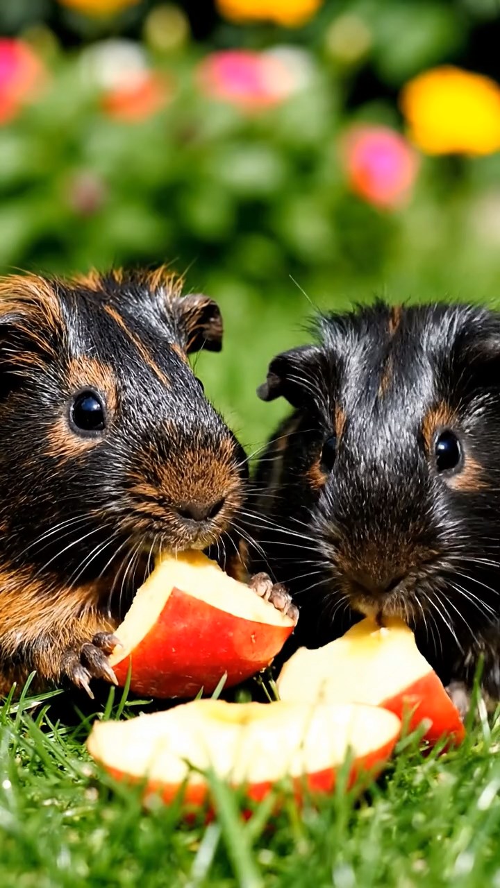 602. Photorealistic scene of 2 smooth-haired Teddy guinea pigs with Orange and Black fur, dressed as chefs in tiny aprons, preparing miniature soups in a cozy guinea pig kitchen with hay counters and wooden shelves, under warm lamplight, capturing a vivid, lifelike culinary moment.