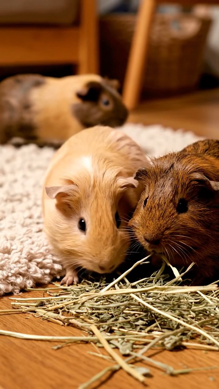 603. Highly detailed view of 3 smooth-haired Himalayan guinea pigs with Gray, Cream, and Brown fur, squeaking to communicate in a dense fern grove with soft moss and scattered twigs, under dappled sunlight, creating a realistic, immersive scene of natural interaction.