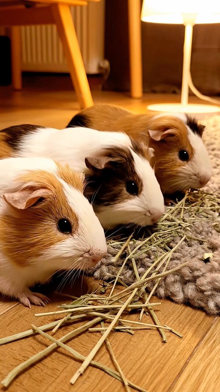 603. Highly detailed view of 3 smooth-haired Himalayan guinea pigs with Gray, Cream, and Brown fur, squeaking to communicate in a dense fern grove with soft moss and scattered twigs, under dappled sunlight, creating a realistic, immersive scene of natural interaction.