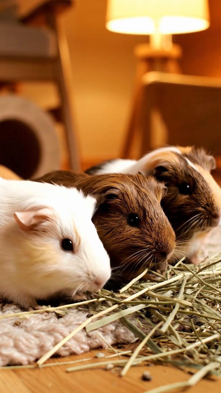 603. Highly detailed view of 3 smooth-haired Himalayan guinea pigs with Gray, Cream, and Brown fur, squeaking to communicate in a dense fern grove with soft moss and scattered twigs, under dappled sunlight, creating a realistic, immersive scene of natural interaction.