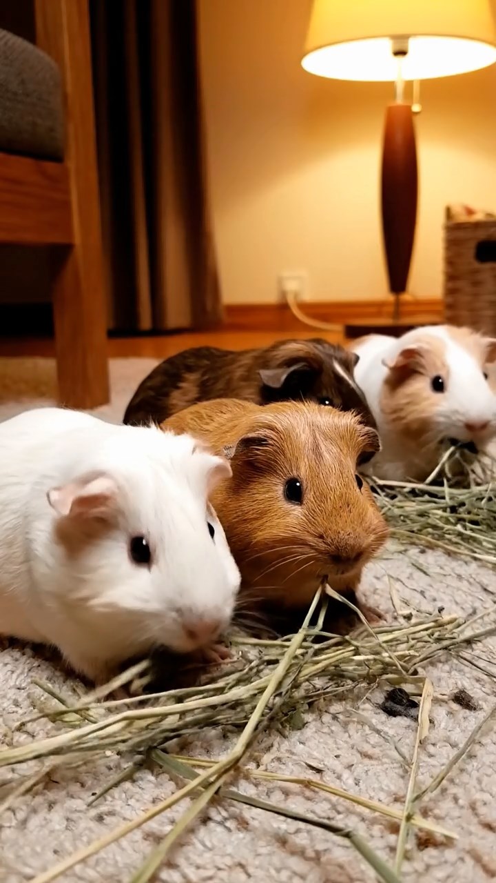 603. Highly detailed view of 3 smooth-haired Himalayan guinea pigs with Gray, Cream, and Brown fur, squeaking to communicate in a dense fern grove with soft moss and scattered twigs, under dappled sunlight, creating a realistic, immersive scene of natural interaction.