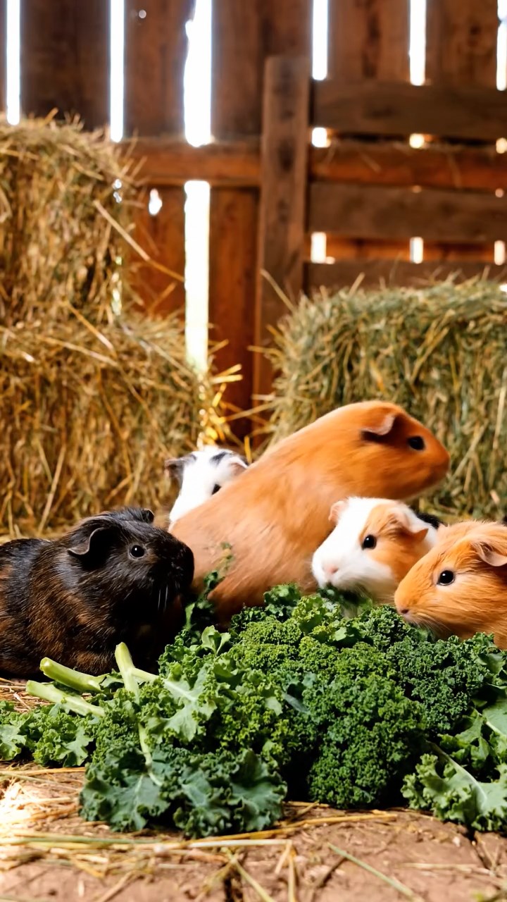 605. Detailed photo of 5 smooth-haired American guinea pigs with White, Orange, Gray, Black, and Brown fur, nest-building with twigs and grass in a tranquil forest glade with soft ferns and a babbling brook, under gentle morning light, creating a vivid, realistic scene of cooperative effort.