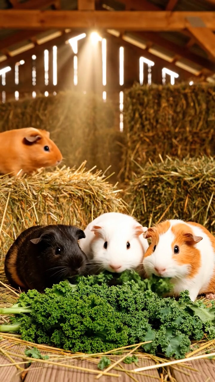605. Detailed photo of 5 smooth-haired American guinea pigs with White, Orange, Gray, Black, and Brown fur, nest-building with twigs and grass in a tranquil forest glade with soft ferns and a babbling brook, under gentle morning light, creating a vivid, realistic scene of cooperative effort.