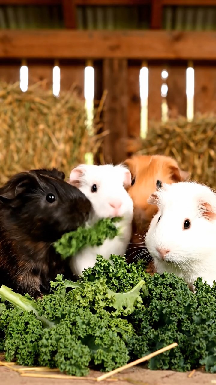 605. Detailed photo of 5 smooth-haired American guinea pigs with White, Orange, Gray, Black, and Brown fur, nest-building with twigs and grass in a tranquil forest glade with soft ferns and a babbling brook, under gentle morning light, creating a vivid, realistic scene of cooperative effort.
