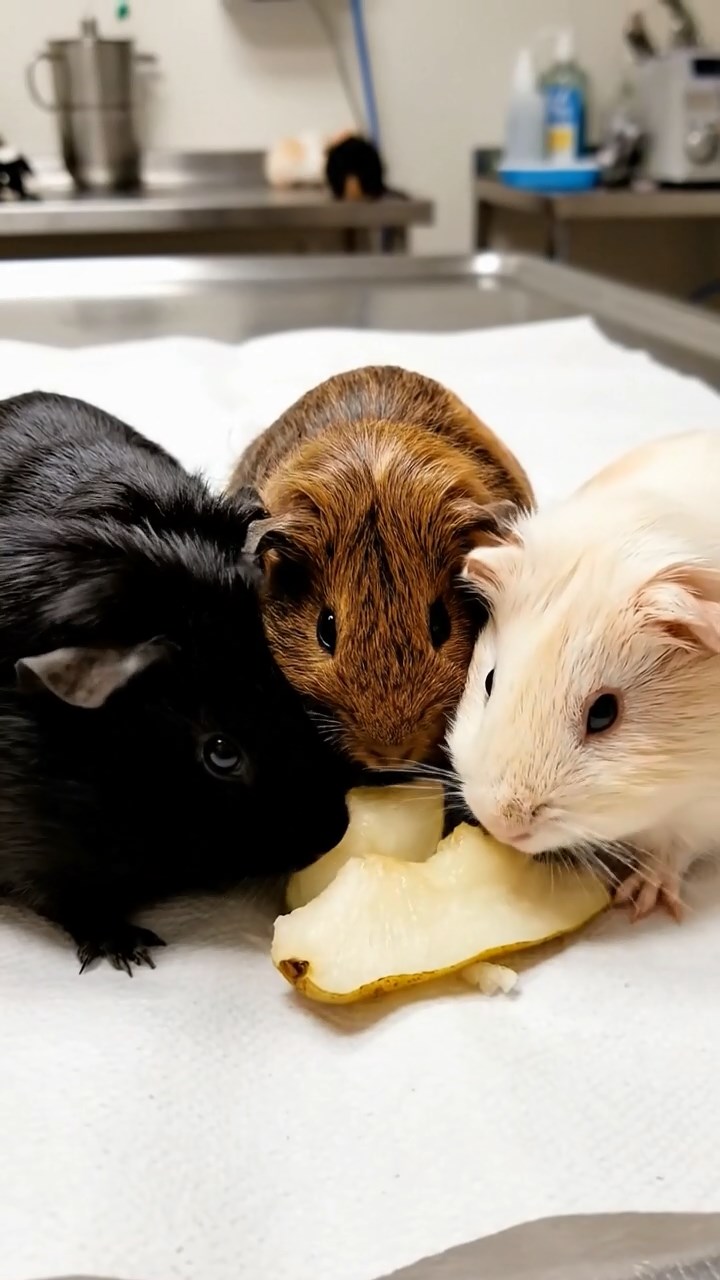 611. Highly detailed view of 1 smooth-haired Himalayan guinea pig with White fur, chewing on fresh broccoli, in a vibrant vegetable garden with rows of carrots and lettuce, under bright sunlight, creating a realistic, colorful rural scene of peaceful foraging.