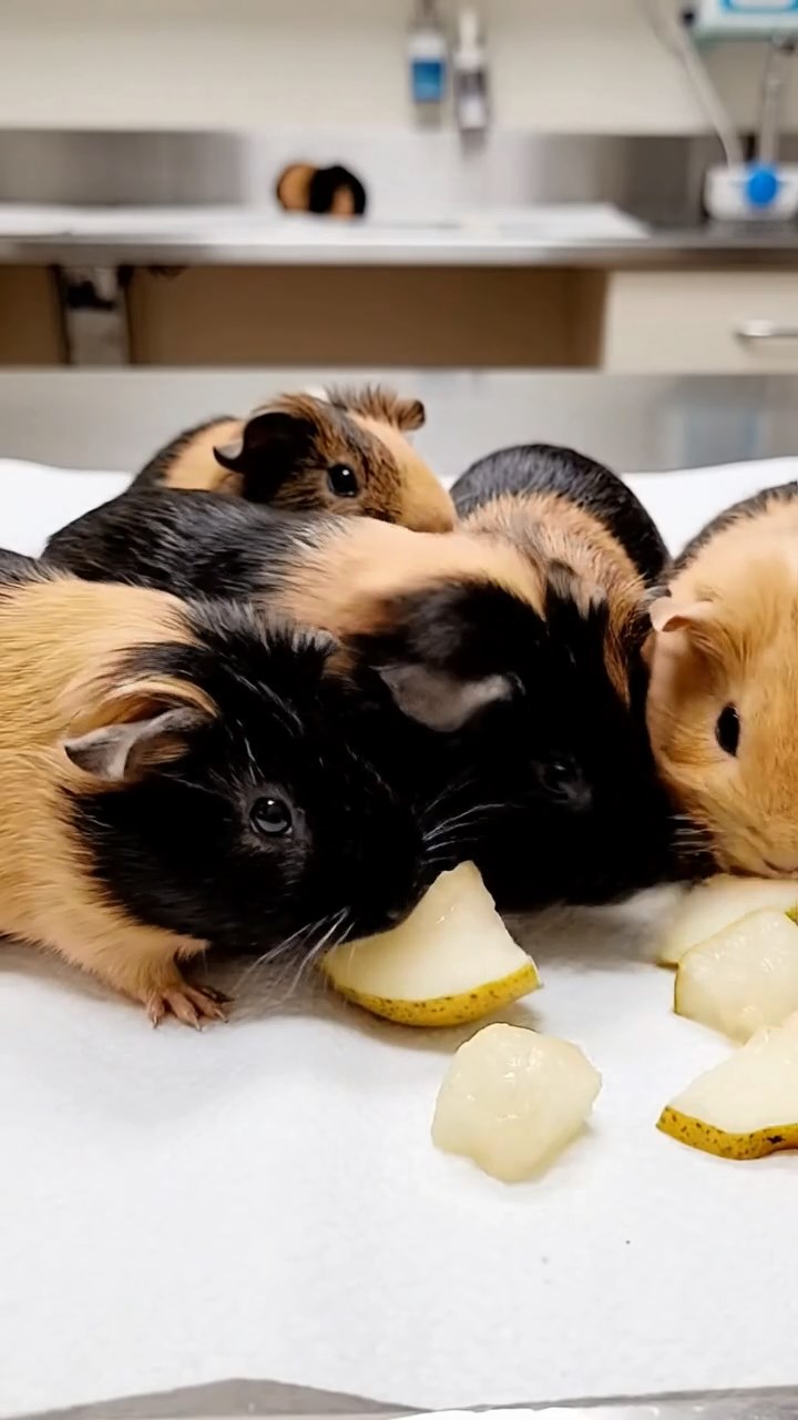 611. Highly detailed view of 1 smooth-haired Himalayan guinea pig with White fur, chewing on fresh broccoli, in a vibrant vegetable garden with rows of carrots and lettuce, under bright sunlight, creating a realistic, colorful rural scene of peaceful foraging.