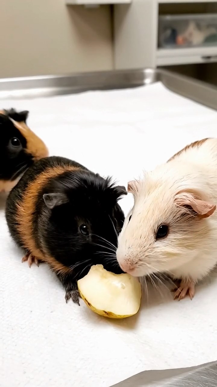 611. Highly detailed view of 1 smooth-haired Himalayan guinea pig with White fur, chewing on fresh broccoli, in a vibrant vegetable garden with rows of carrots and lettuce, under bright sunlight, creating a realistic, colorful rural scene of peaceful foraging.