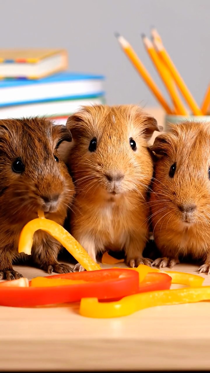 612. Realistic scene of 2 smooth-haired Californian guinea pigs with Orange and Black fur, dressed as tailors in tiny vests, sewing miniature dresses in a guinea pig atelier with colorful fabrics and hay mannequins, under warm lamplight, enhancing the lifelike, creative atmosphere.