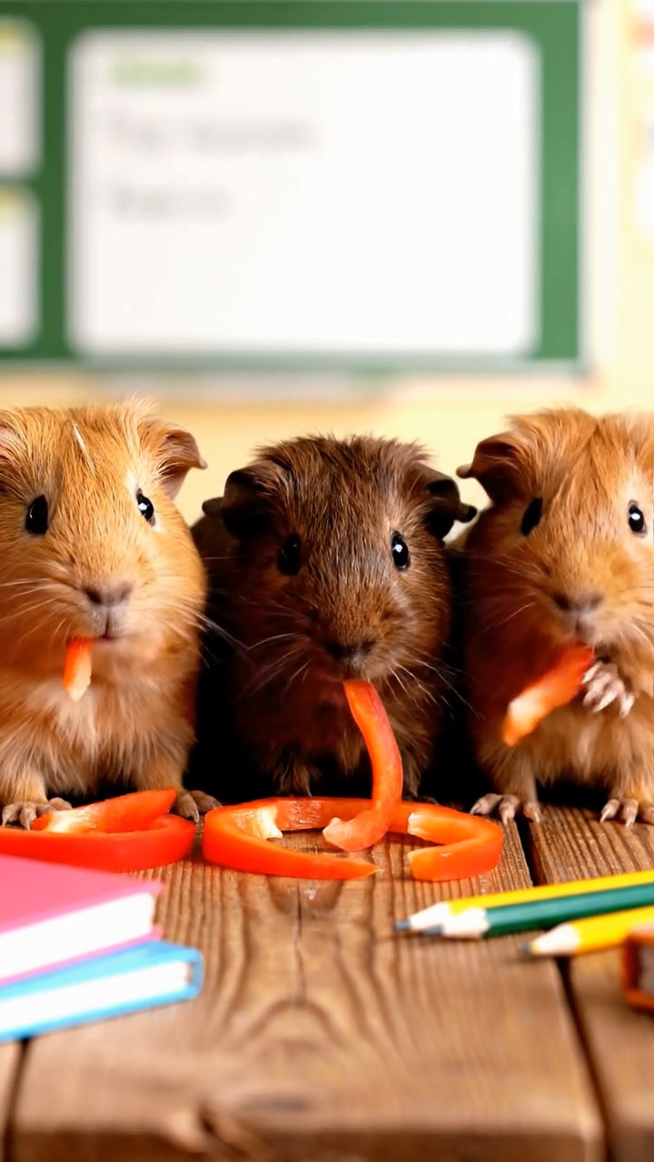 612. Realistic scene of 2 smooth-haired Californian guinea pigs with Orange and Black fur, dressed as tailors in tiny vests, sewing miniature dresses in a guinea pig atelier with colorful fabrics and hay mannequins, under warm lamplight, enhancing the lifelike, creative atmosphere.