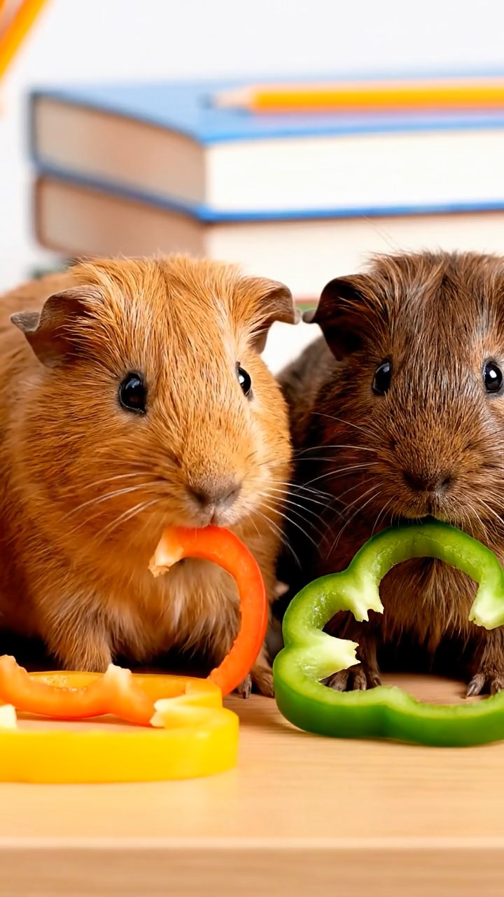 612. Realistic scene of 2 smooth-haired Californian guinea pigs with Orange and Black fur, dressed as tailors in tiny vests, sewing miniature dresses in a guinea pig atelier with colorful fabrics and hay mannequins, under warm lamplight, enhancing the lifelike, creative atmosphere.