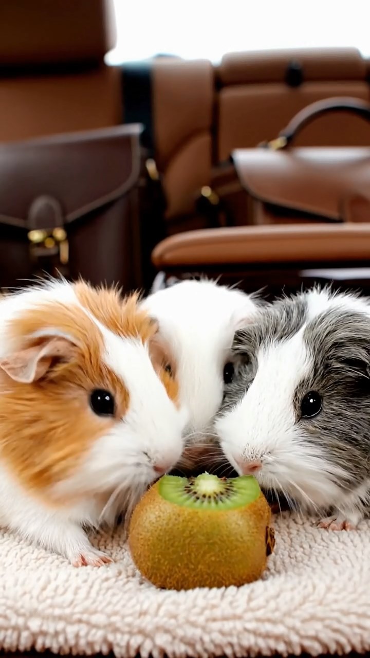 614. Photorealistic scene of 4 smooth-haired Teddy guinea pigs with Fawn, Chocolate, Cinnamon, and Sable fur, dressed as scientists in tiny lab coats, analyzing data in a guinea pig laboratory with miniature beakers and hay benches, under bright lights, capturing a realistic, intellectual moment.