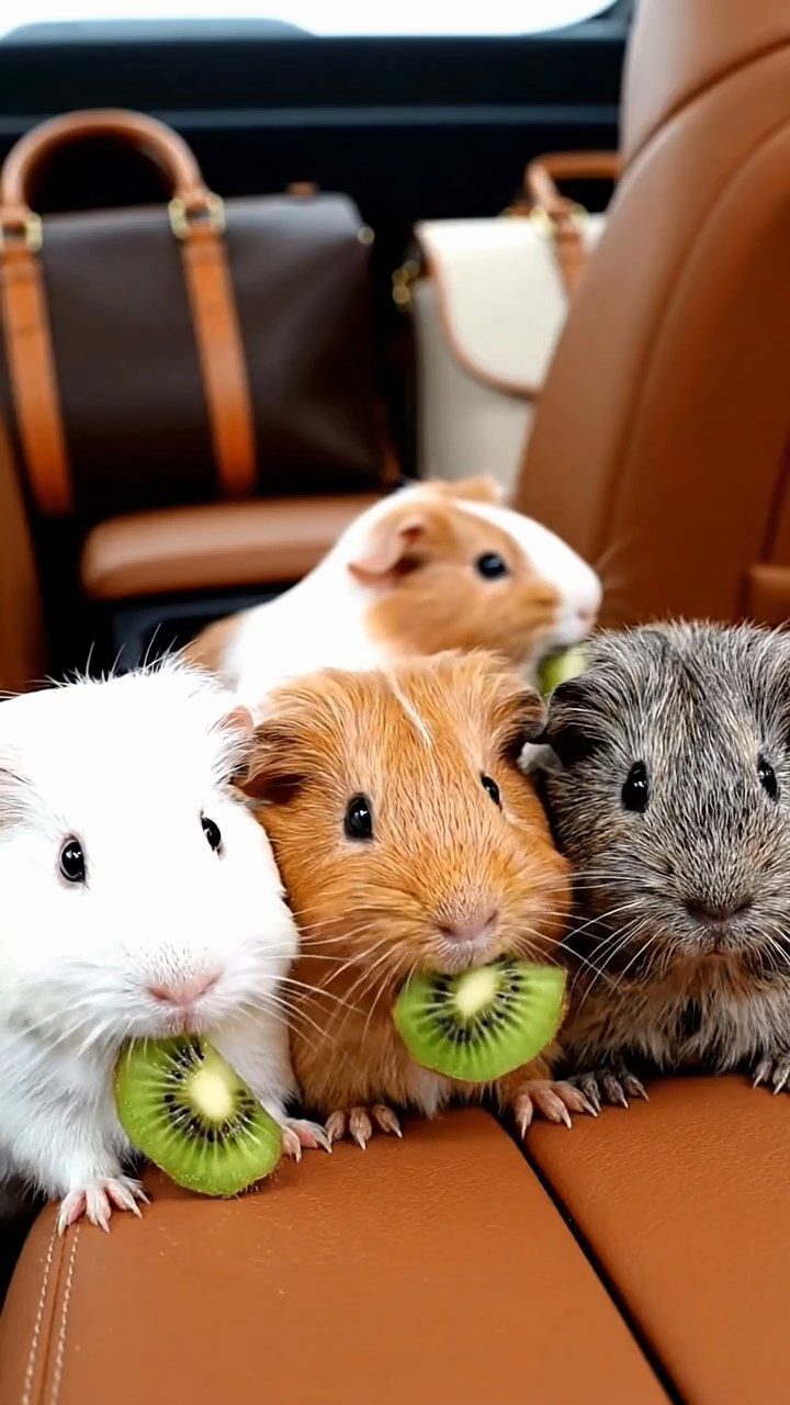 614. Photorealistic scene of 4 smooth-haired Teddy guinea pigs with Fawn, Chocolate, Cinnamon, and Sable fur, dressed as scientists in tiny lab coats, analyzing data in a guinea pig laboratory with miniature beakers and hay benches, under bright lights, capturing a realistic, intellectual moment.