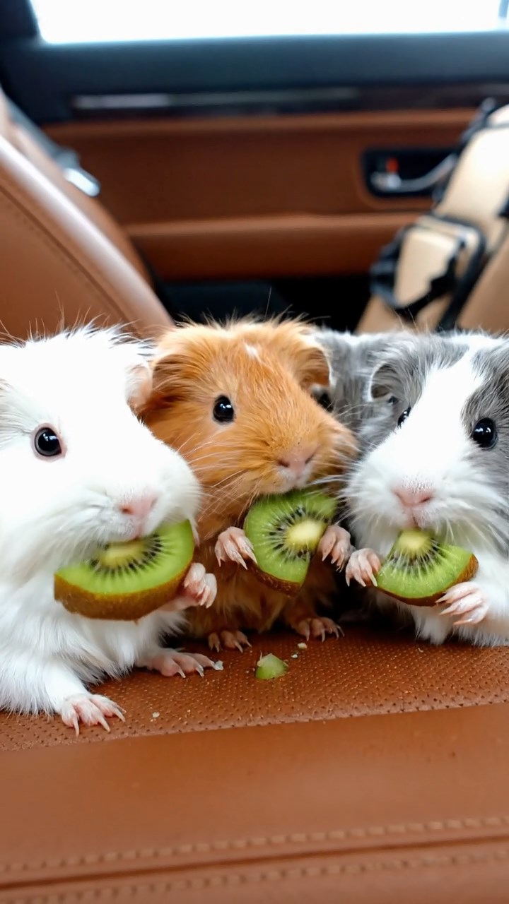 614. Photorealistic scene of 4 smooth-haired Teddy guinea pigs with Fawn, Chocolate, Cinnamon, and Sable fur, dressed as scientists in tiny lab coats, analyzing data in a guinea pig laboratory with miniature beakers and hay benches, under bright lights, capturing a realistic, intellectual moment.