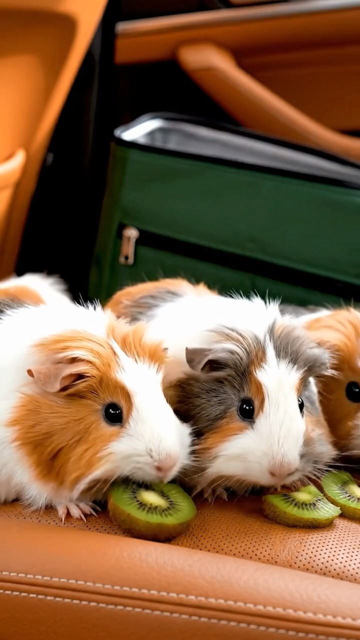 614. Photorealistic scene of 4 smooth-haired Teddy guinea pigs with Fawn, Chocolate, Cinnamon, and Sable fur, dressed as scientists in tiny lab coats, analyzing data in a guinea pig laboratory with miniature beakers and hay benches, under bright lights, capturing a realistic, intellectual moment.