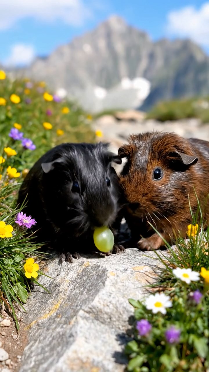 615. Highly detailed view of 5 smooth-haired Himalayan guinea pigs with White, Orange, Gray, Black, and Brown fur, snuggling for warmth in a cozy nest of grass and twigs in a tranquil meadow with wildflowers, under soft morning light, creating a realistic, heartwarming scene.