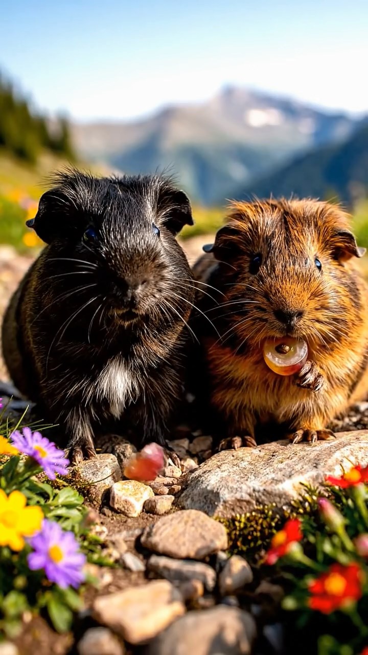 615. Highly detailed view of 5 smooth-haired Himalayan guinea pigs with White, Orange, Gray, Black, and Brown fur, snuggling for warmth in a cozy nest of grass and twigs in a tranquil meadow with wildflowers, under soft morning light, creating a realistic, heartwarming scene.
