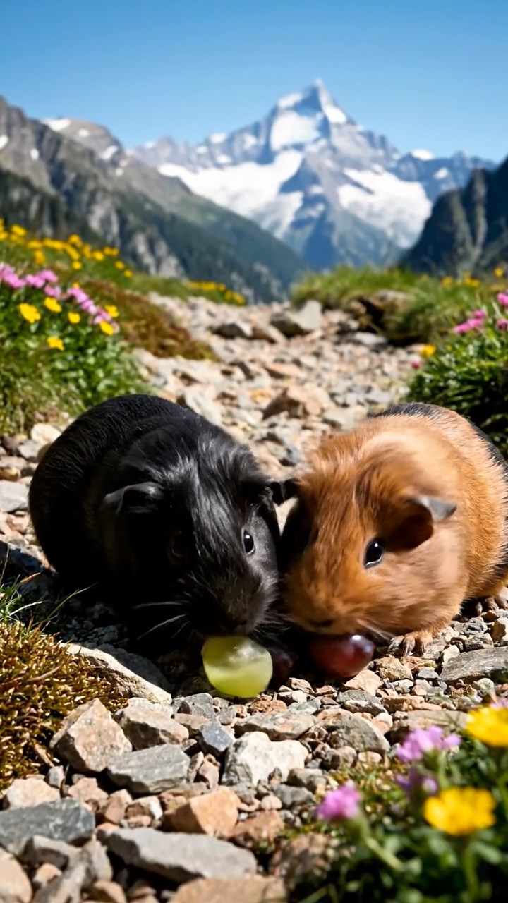 615. Highly detailed view of 5 smooth-haired Himalayan guinea pigs with White, Orange, Gray, Black, and Brown fur, snuggling for warmth in a cozy nest of grass and twigs in a tranquil meadow with wildflowers, under soft morning light, creating a realistic, heartwarming scene.