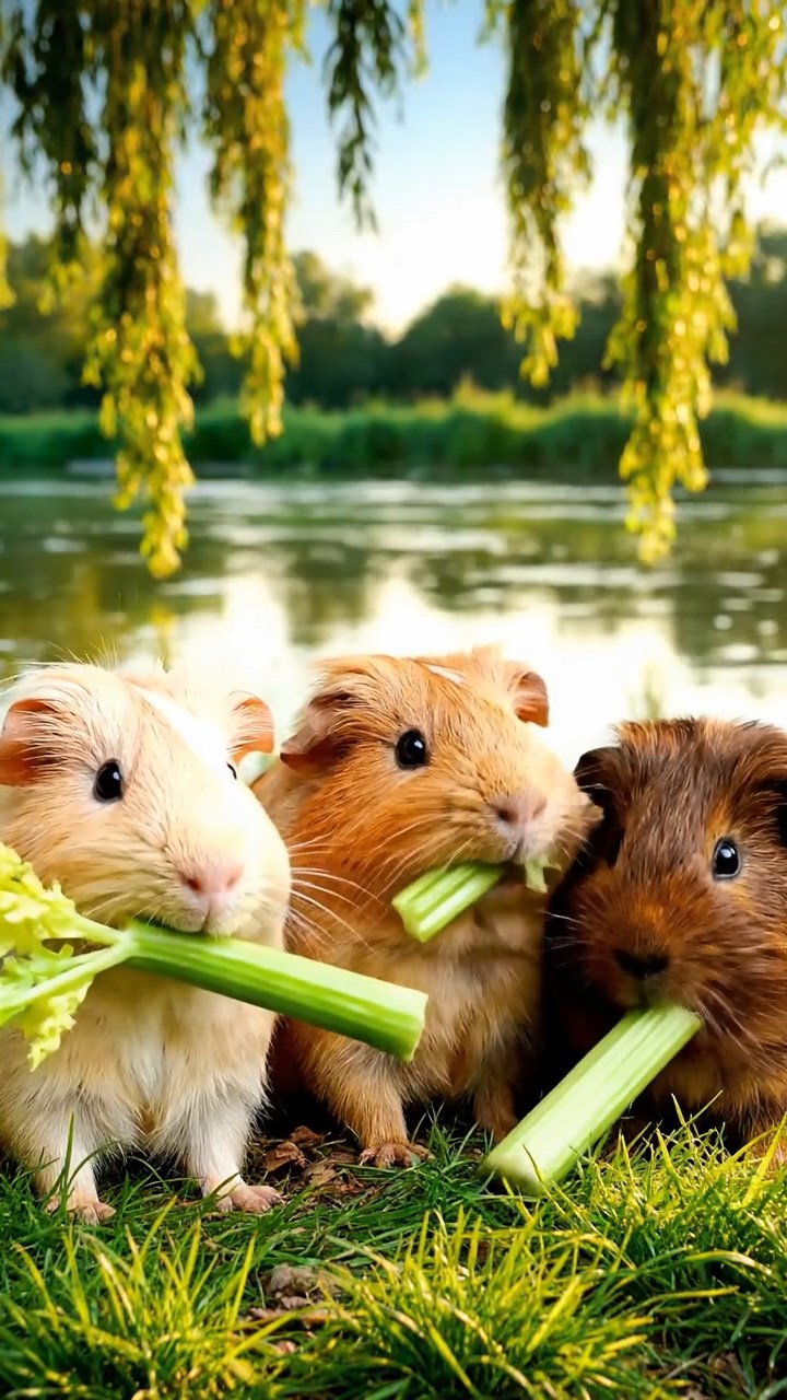 616. Realistic scene of 1 smooth-haired Californian guinea pig with Cream fur, munching on strawberries, in a fragrant citrus orchard with rows of orange trees glistening with dew, under warm sunlight, capturing a vivid, lifelike rural moment.
