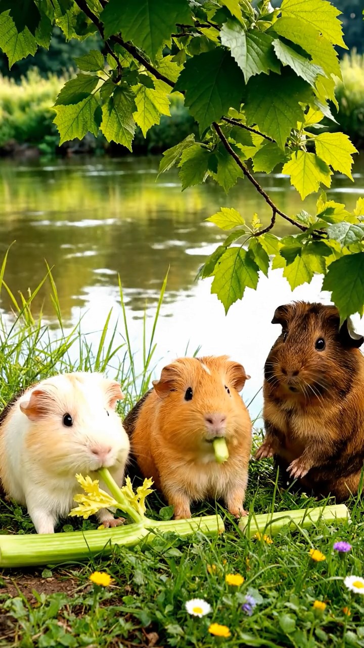 616. Realistic scene of 1 smooth-haired Californian guinea pig with Cream fur, munching on strawberries, in a fragrant citrus orchard with rows of orange trees glistening with dew, under warm sunlight, capturing a vivid, lifelike rural moment.